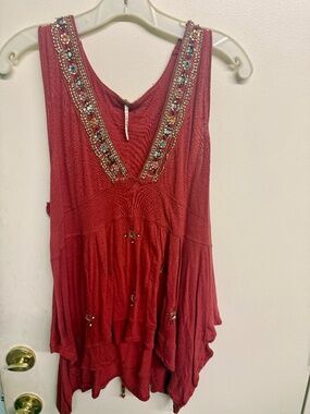 Free People Rust/Blood Orange Boho Beaded Tank Top